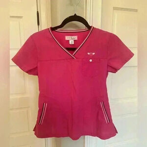 Koi by Kathy Peterson Scrub Top Size XS Short Sleeve Pink Flower Button Stripe